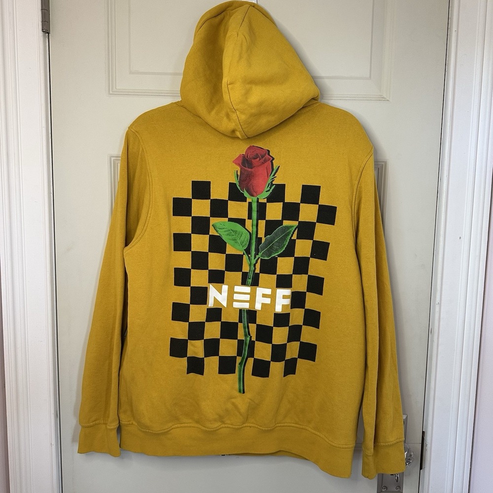 NEFF Rose Checker Board Mustard Yellow Lined Zip-Up Hoodie Men's Medium